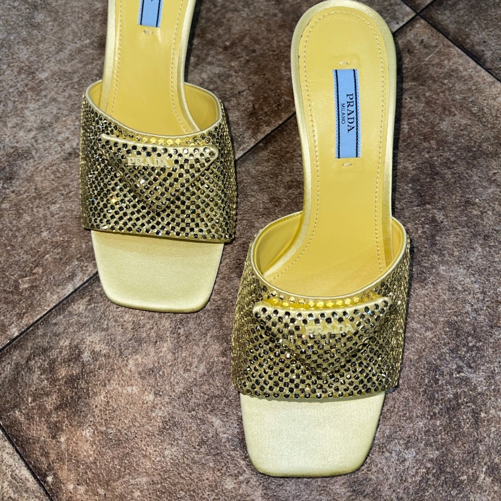 Prada Crystal Logo Kitten-Heel Slide Sandals